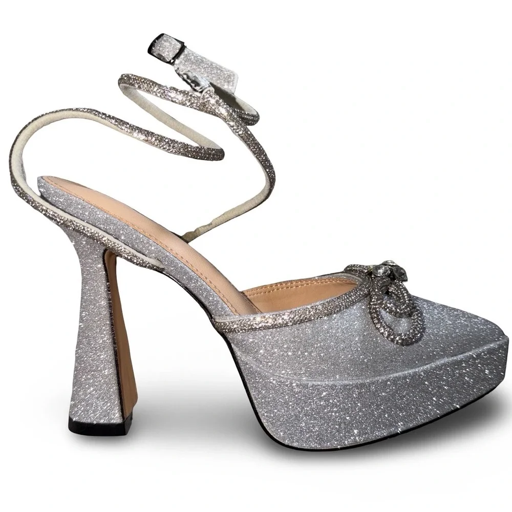Silver Glitter Double Bow Platform Pumps Ankle Strap Heels 5.5 Wedding
